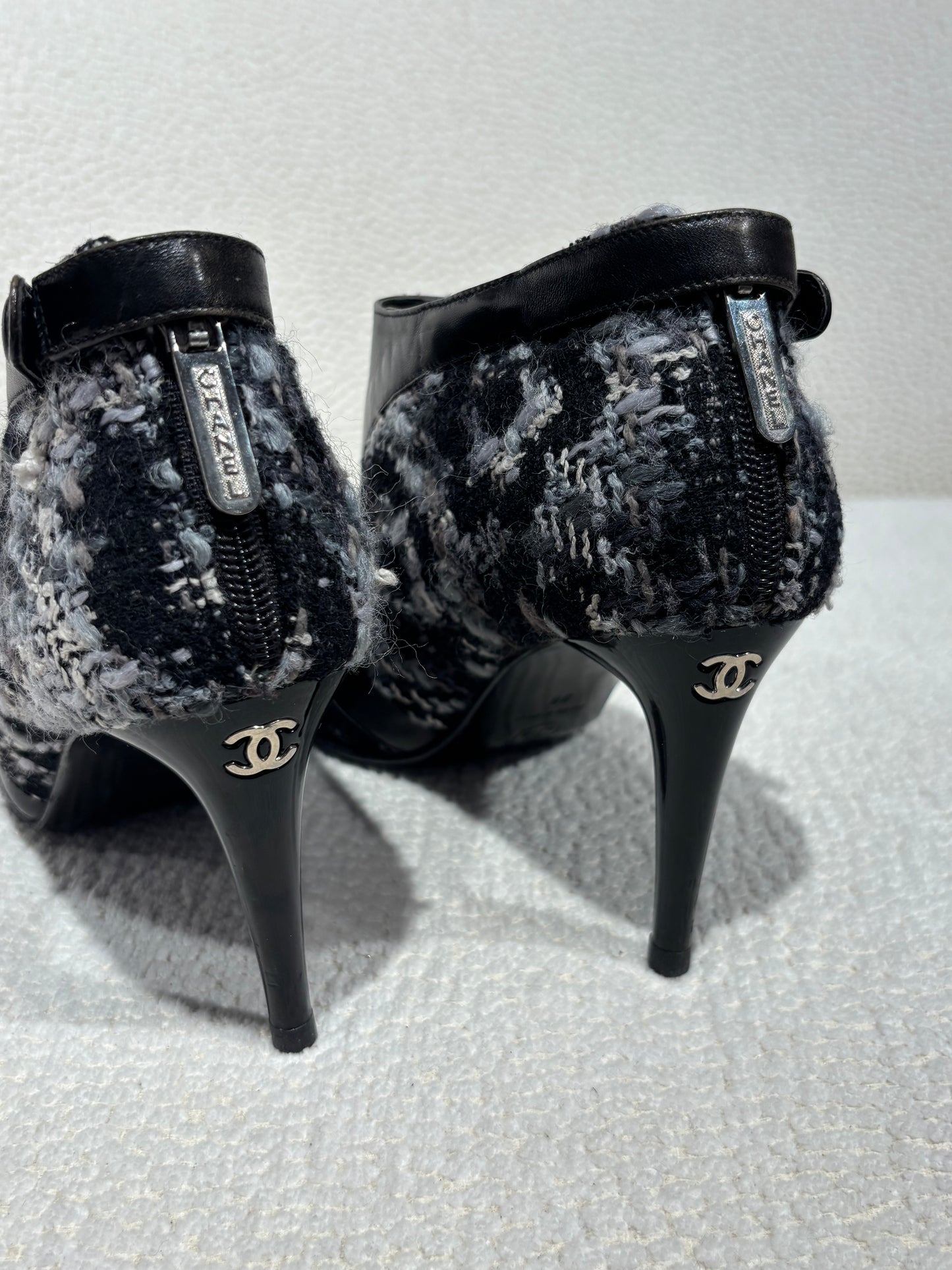 Chanel Ankle Boots – Lambskin & Camelia Bouclé in Black & Grey Mix - EU 38