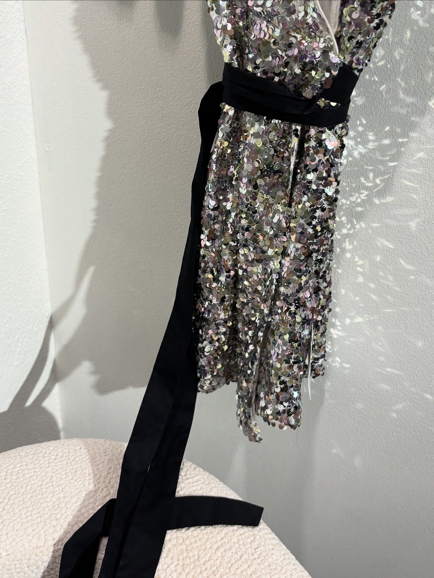 Rotate Sequin Dress – Silver with Black Belt - Size S