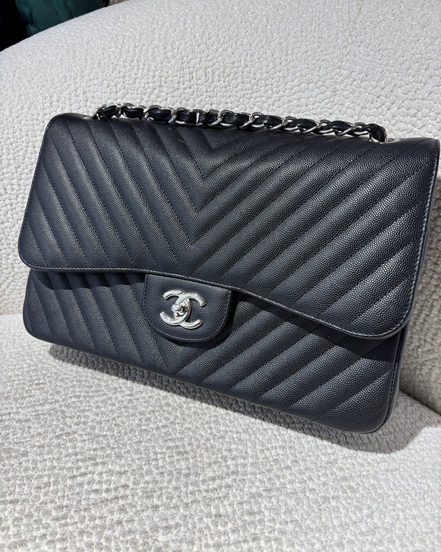 Chanel Classic Flap Bag Chevron - Jumbo - Black Caviar & Silver Hardware