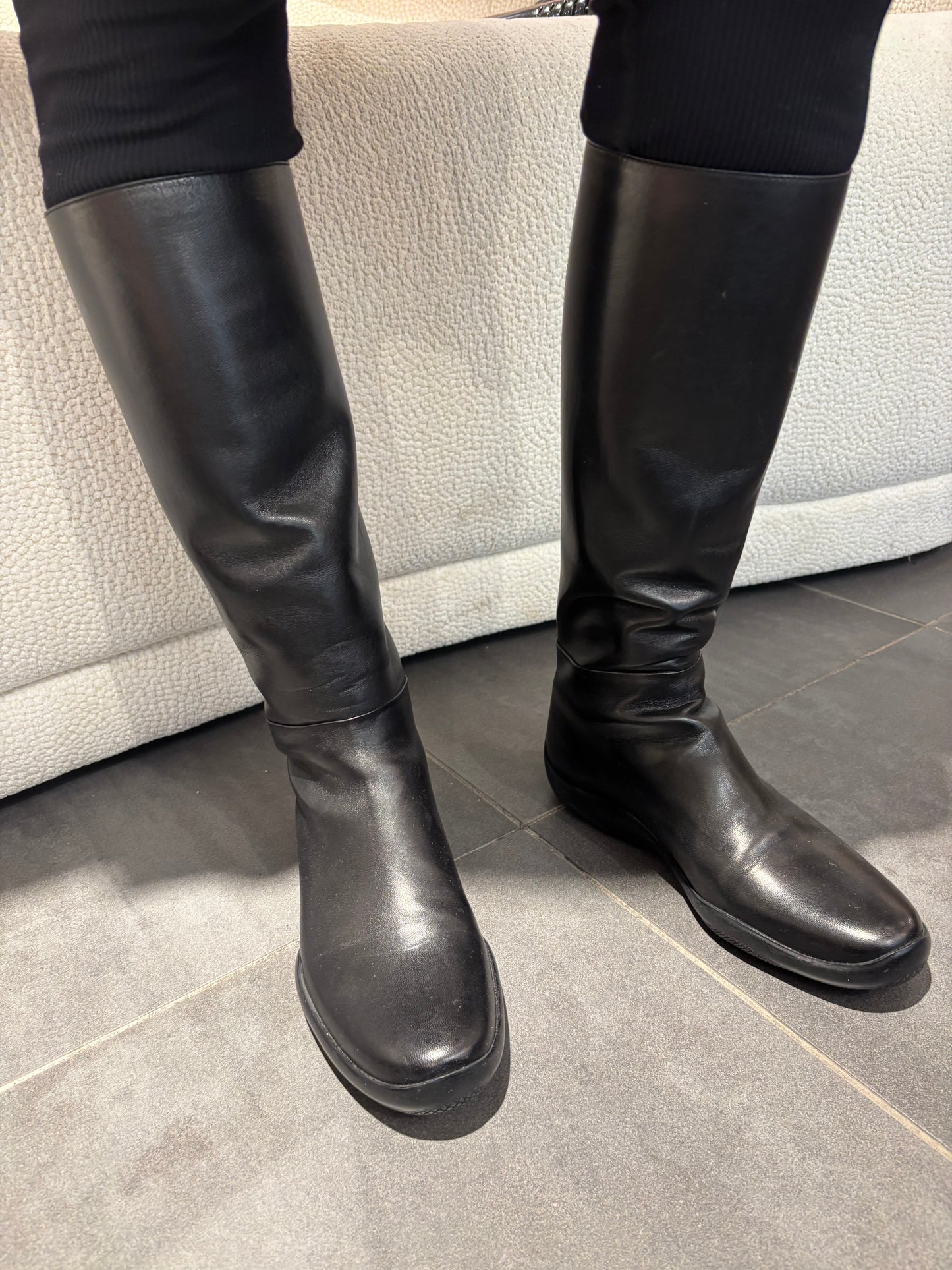 Prada Knee-High Boots - Black Leather & Embossed Logo - EU 39.5