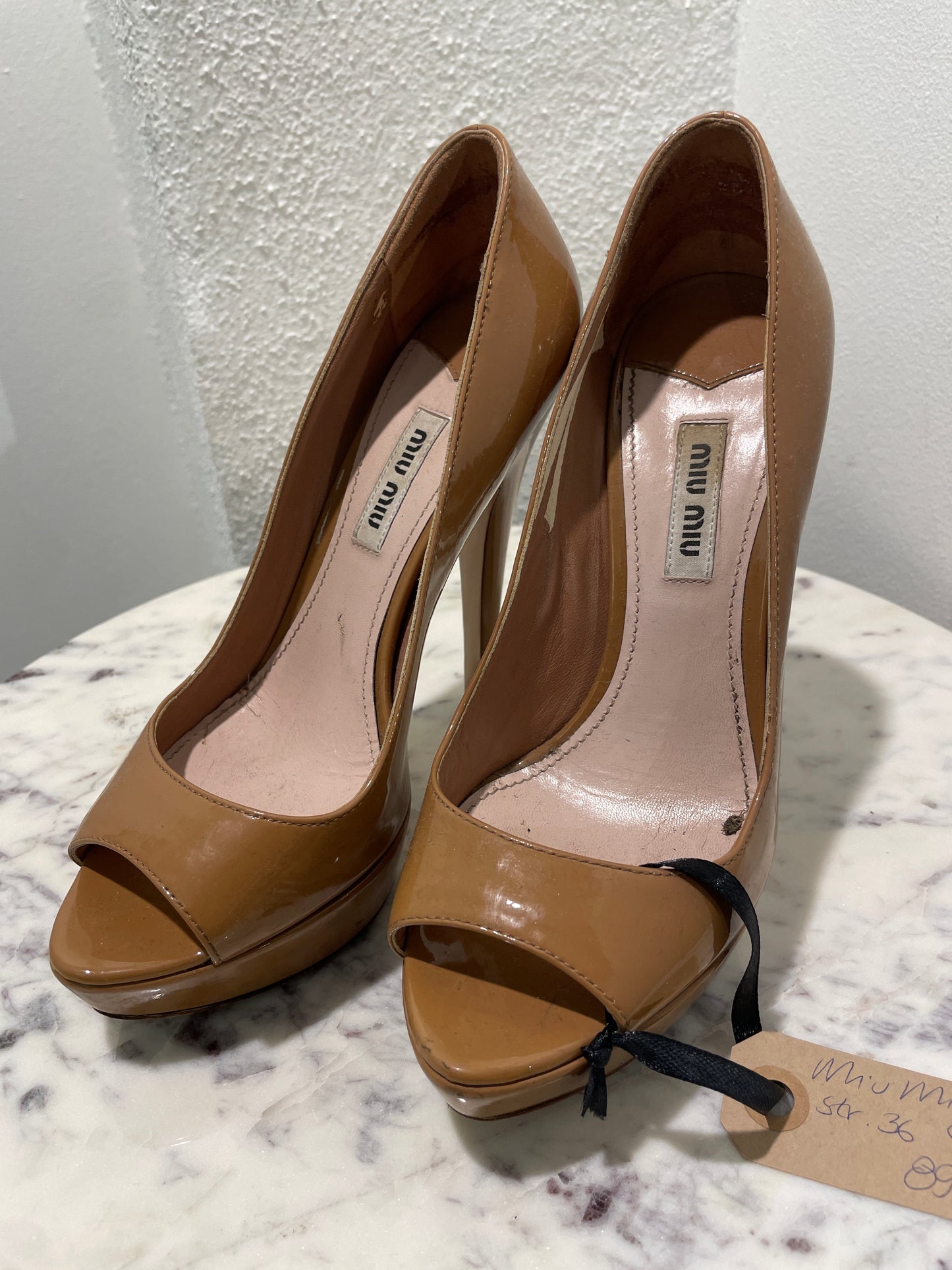 Vintage Miu Miu Camel Patent Leather Peep-Toe Platform Pumps - 36