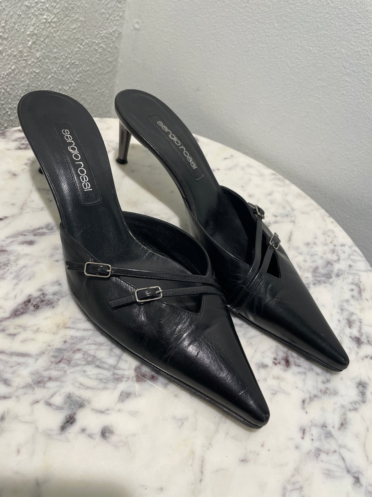 Vintage Sergio Rossi Black Leather Pointed-Toe Mules / Kitten Heels - 39