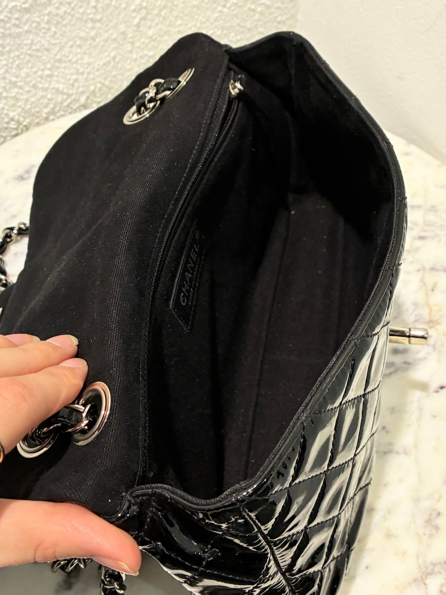 Chanel Medium Single Flap – Black Patent Leather & Silver Hardware