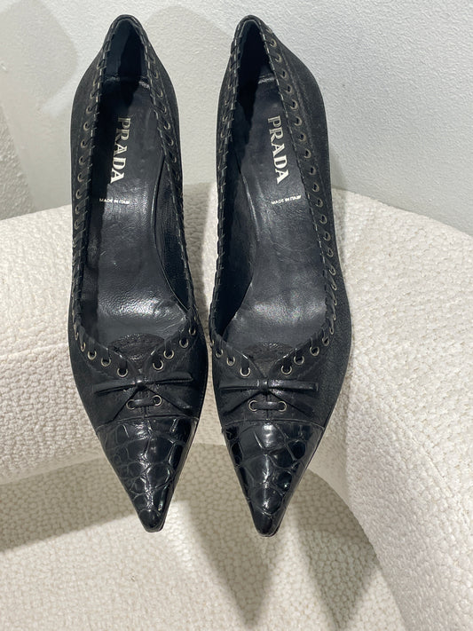 Prada Heels – Black Leather w. croco toe - 37,5
