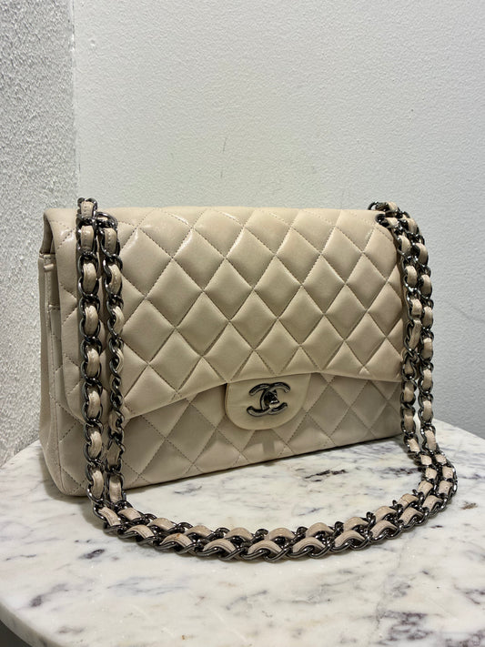 Chanel Classic Double Flap – Jumbo - Beige Lambskin & Dark Silver Hardware