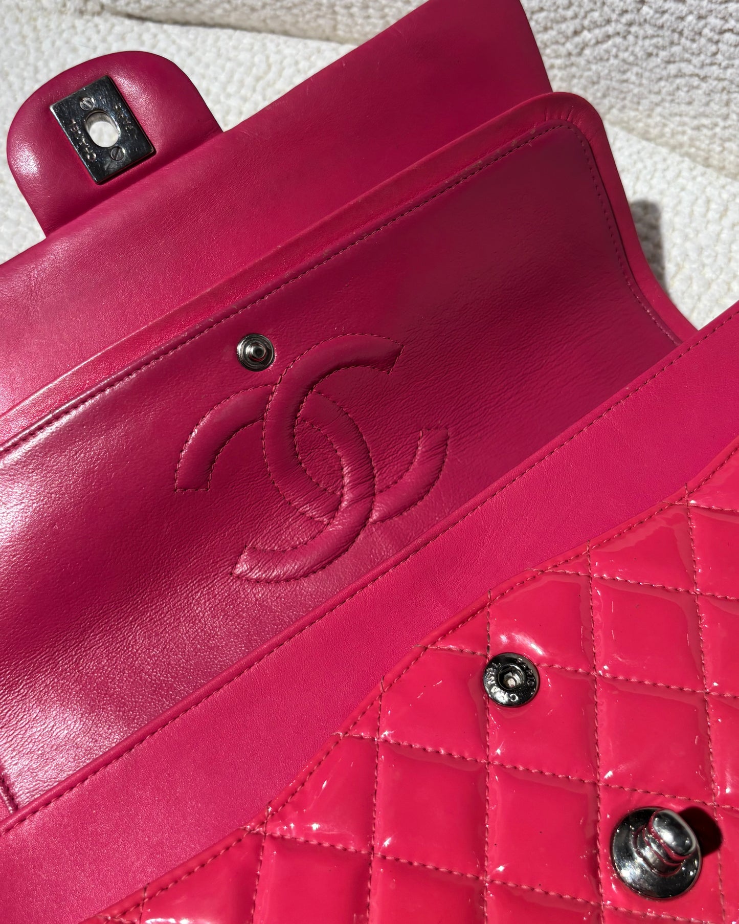Chanel Flap Bag - Raspberry Patent Leather & Silver Hardware