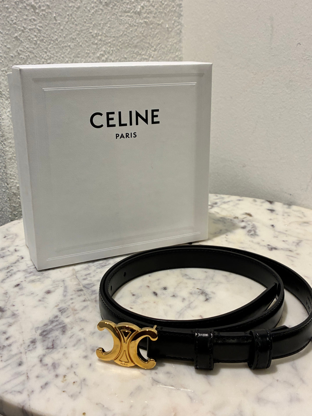 Celine Belt – Triomphe Belt - Black Leather & Gold Hardware - Size 80