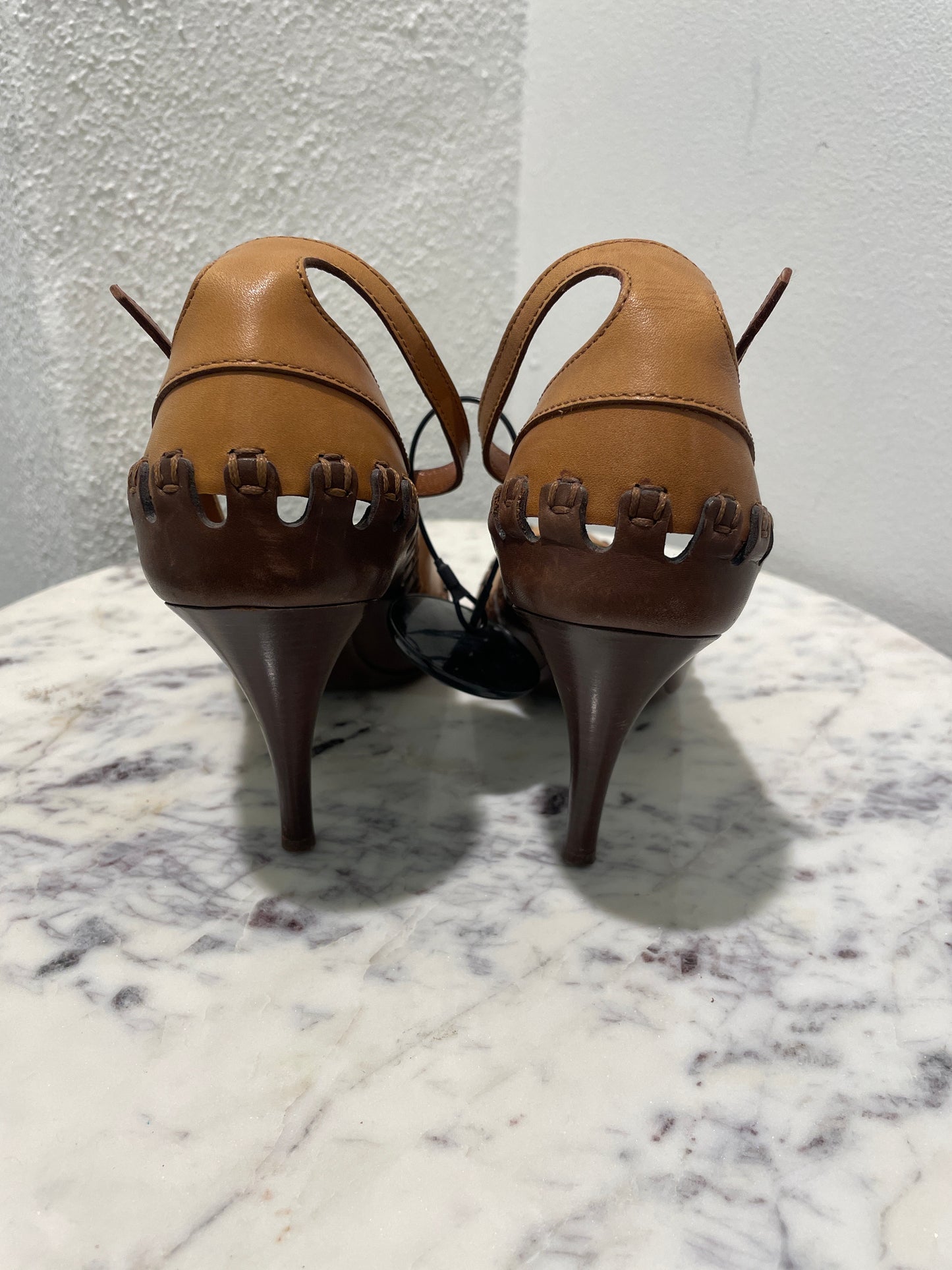Louis Vuitton Tan Suede & Brown Leather Woven Detail Peep-Toe Heels - 38