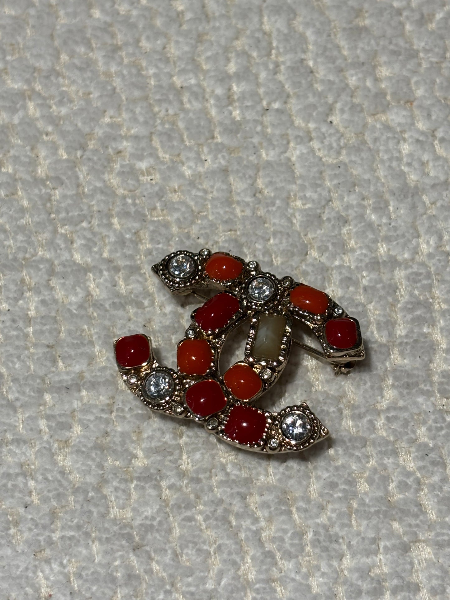 Chanel Brooch - Unique CC with Orange/Red Stones