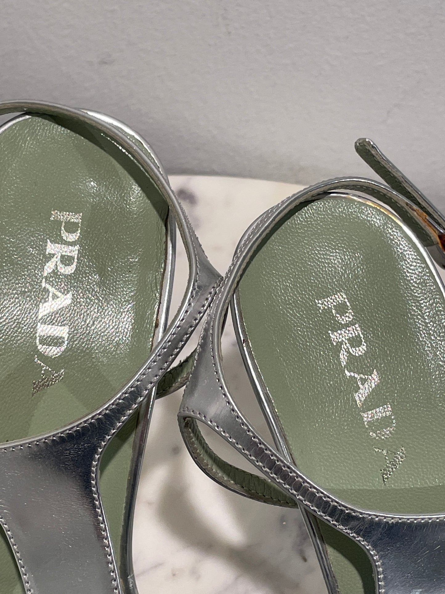 Vintage Prada Metallic Silver T-Strap Heeled Sandals - 37