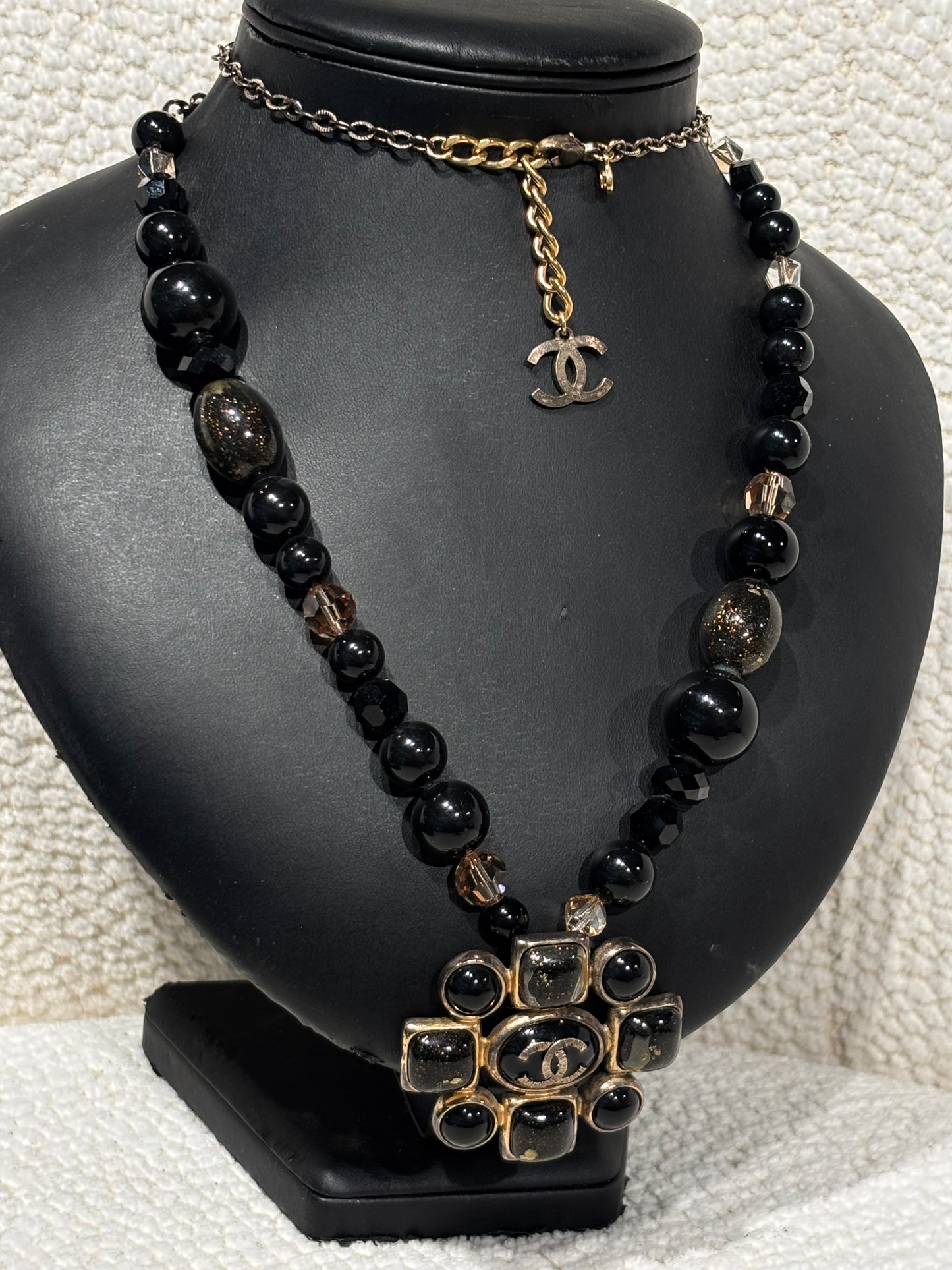 Chanel Camellia Statement Necklace – Black Beads with Gold-Tone CC Logo