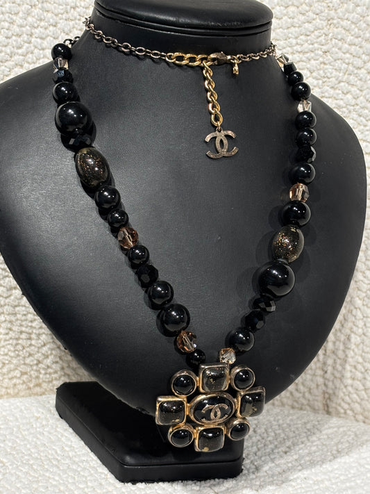 Chanel Camellia Statement Necklace – Black Beads with Gold-Tone CC Logo