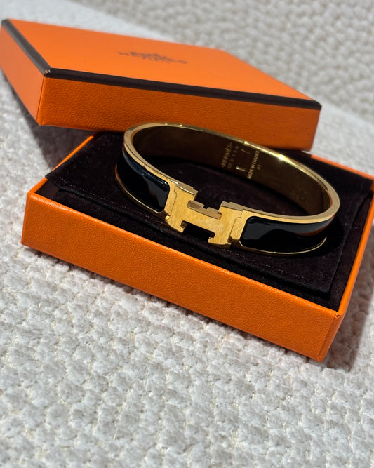 Hermés Clic H Bracelet - Black & Gold - Size GM