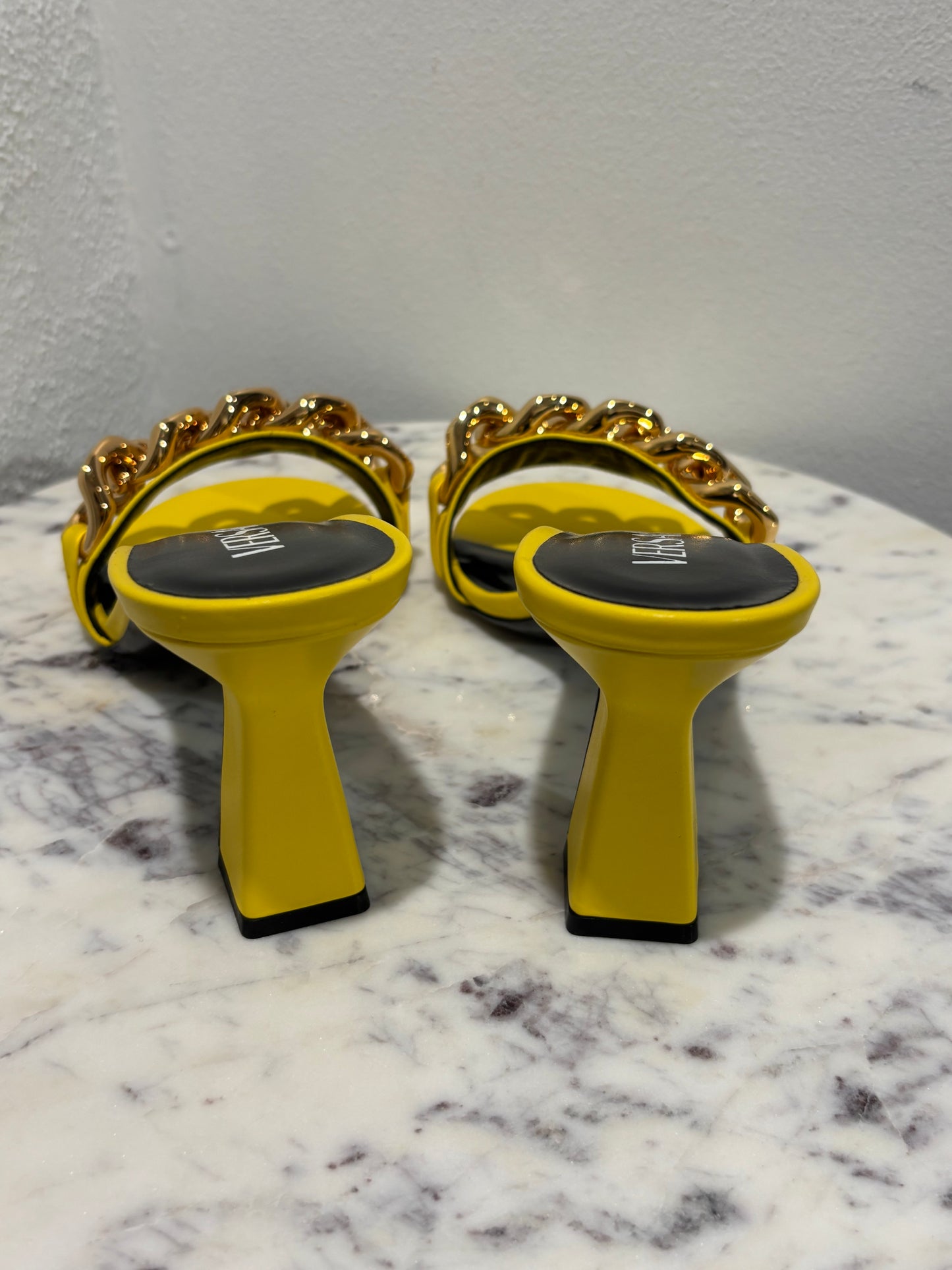 Versace Heeled Sandals - Yellow With Gold Chain - Size 40