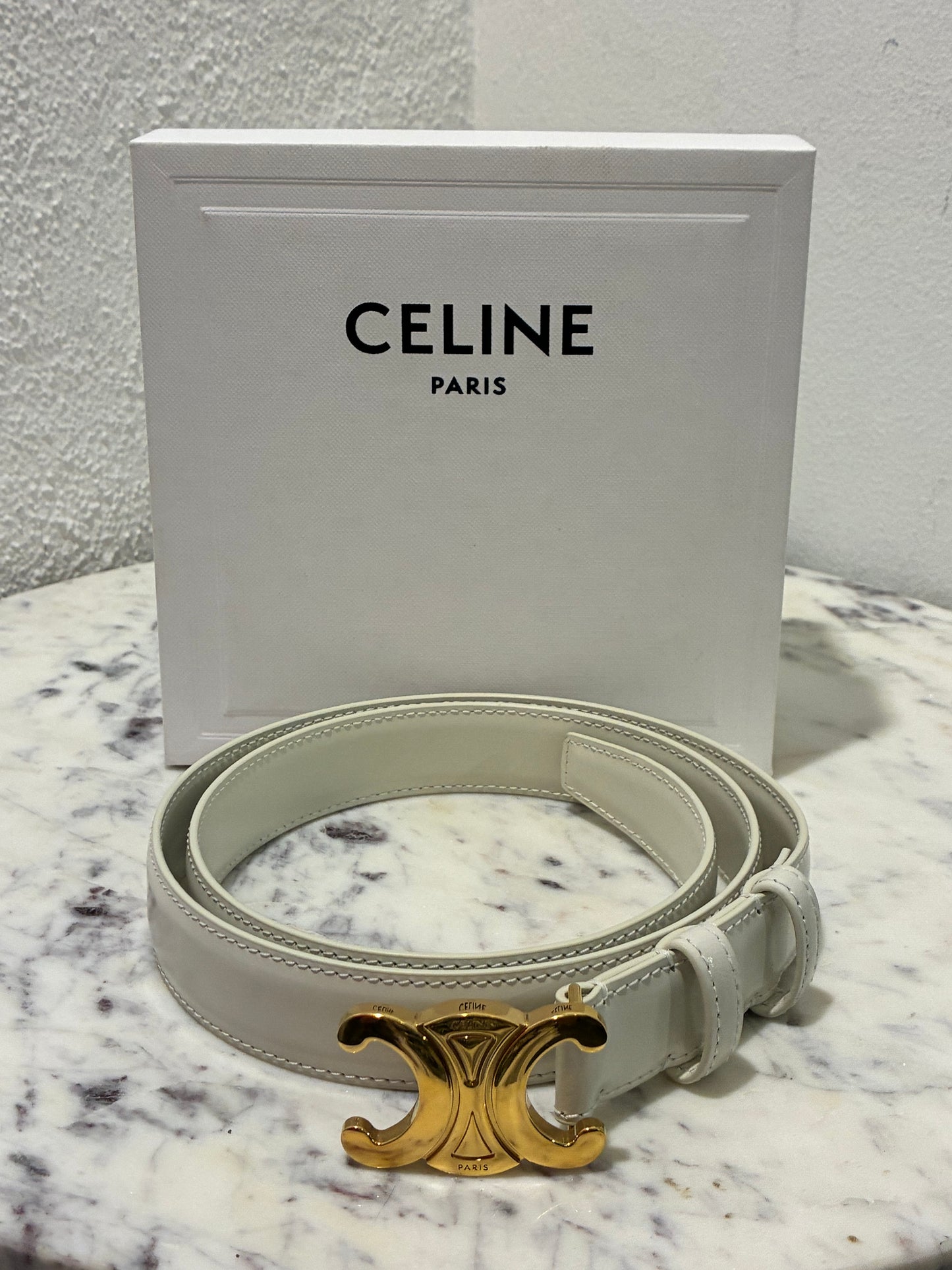 Celine Belt – Triomphe Belt in Cream Leather & Gold Hardware Size 85