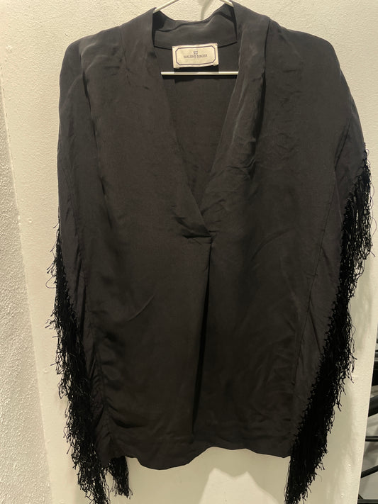 Malene Birger - Real silk - Black blouse  - Long fringes in sides - EU36 -  Medinas Wardrobe