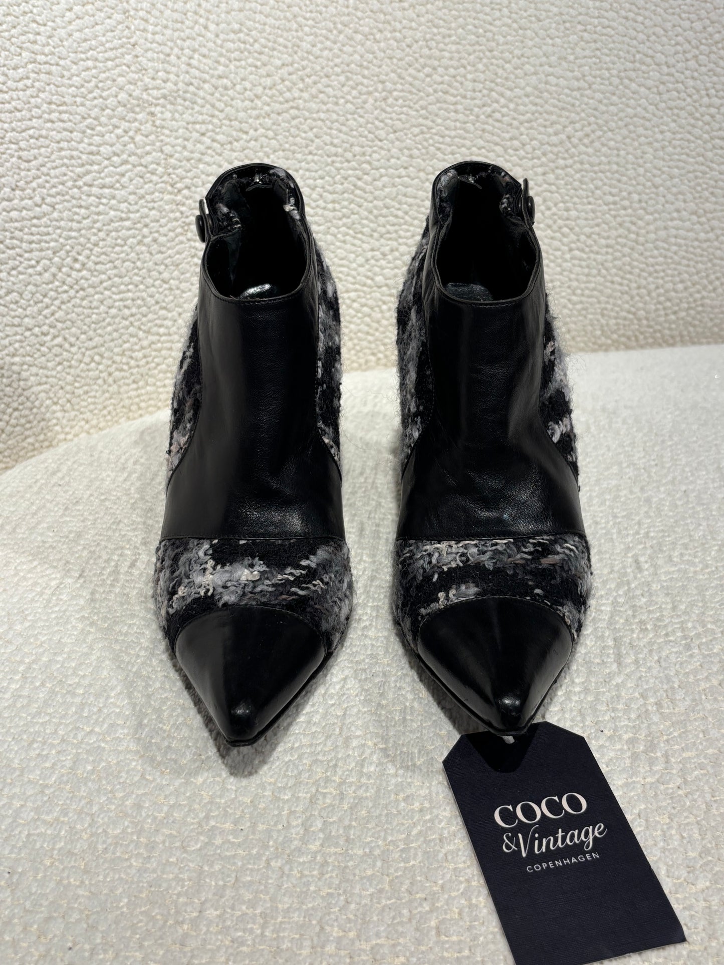 Chanel Ankle Boots – Lambskin & Camelia Bouclé in Black & Grey Mix - EU 38