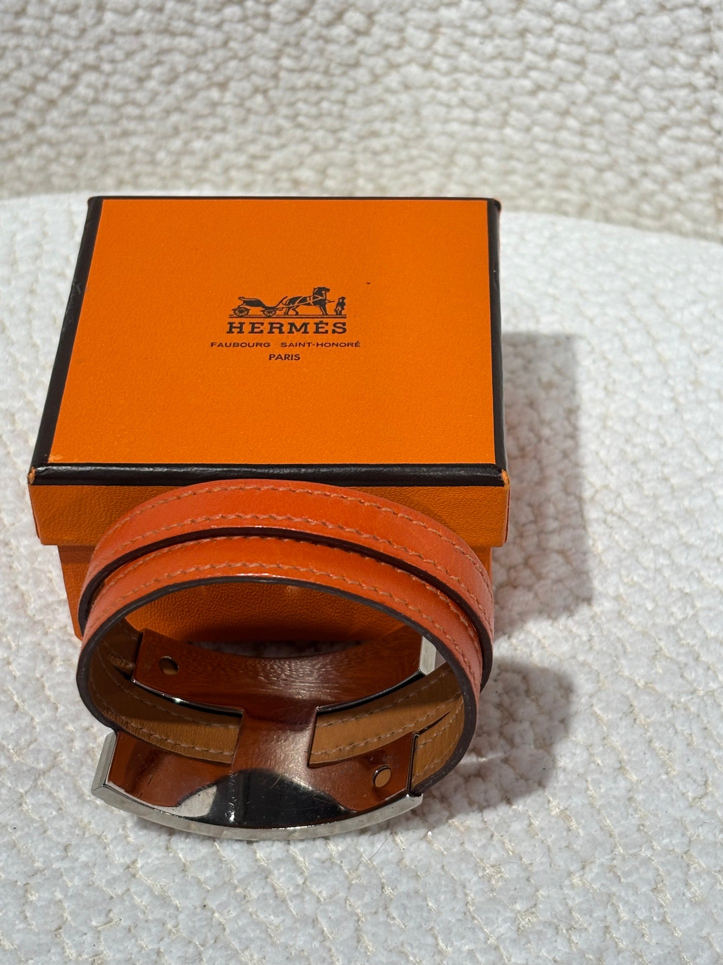 Hermés Bracelet - Orange Leather & H Lock in Silver