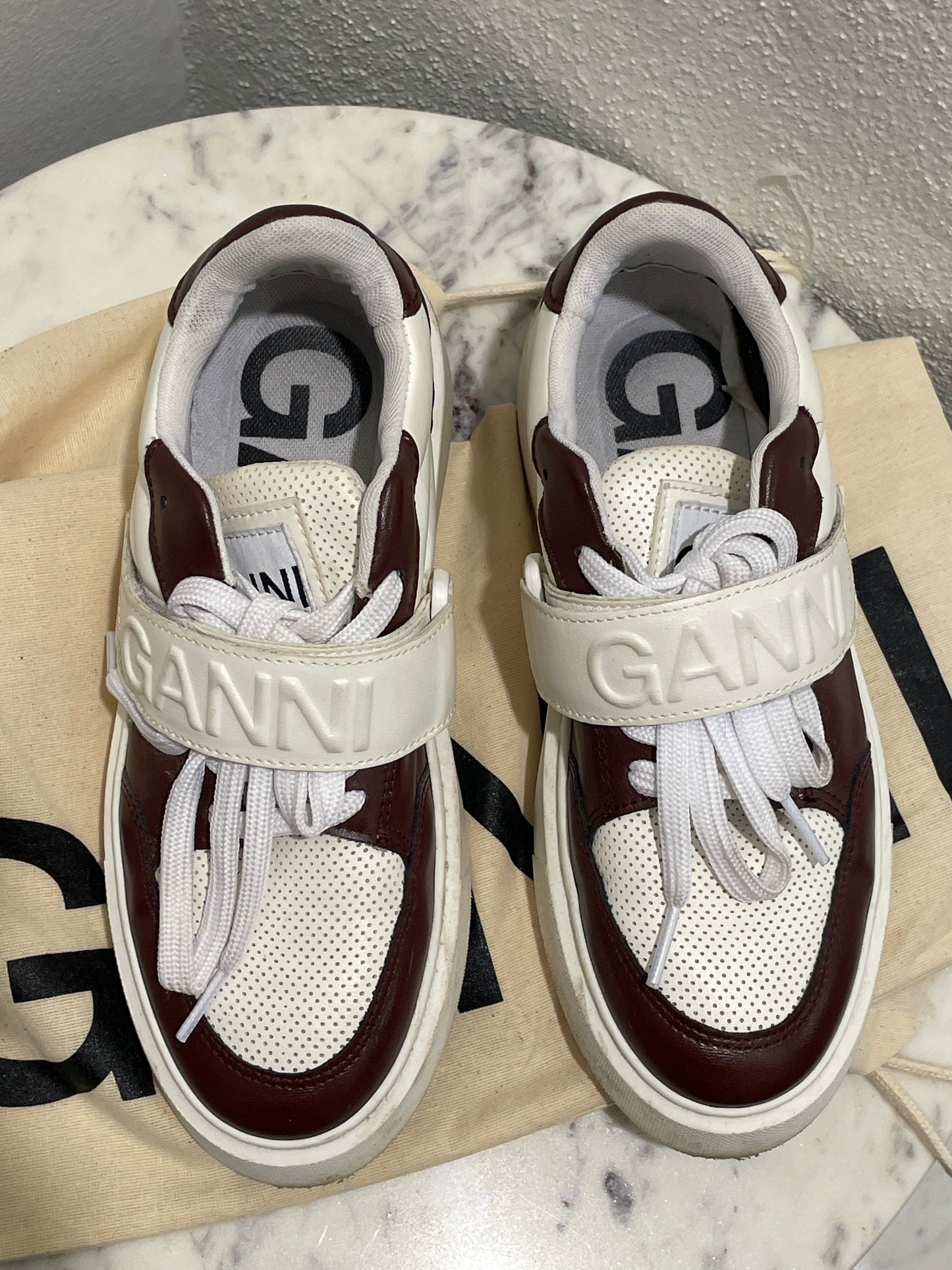 GANNI Sporty Mix Cupsole Low Top Velcro Sneakers – Burgundy / Egret – 36