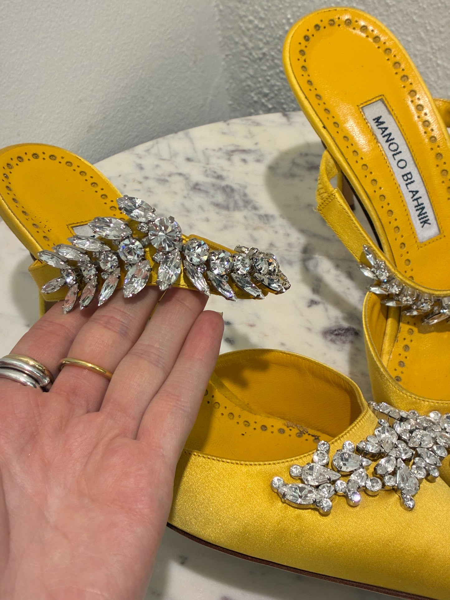 Manolo Blahnik - Heels - Yellow Satin & Crystals - Size 39.5 - Medinas Wardrobe