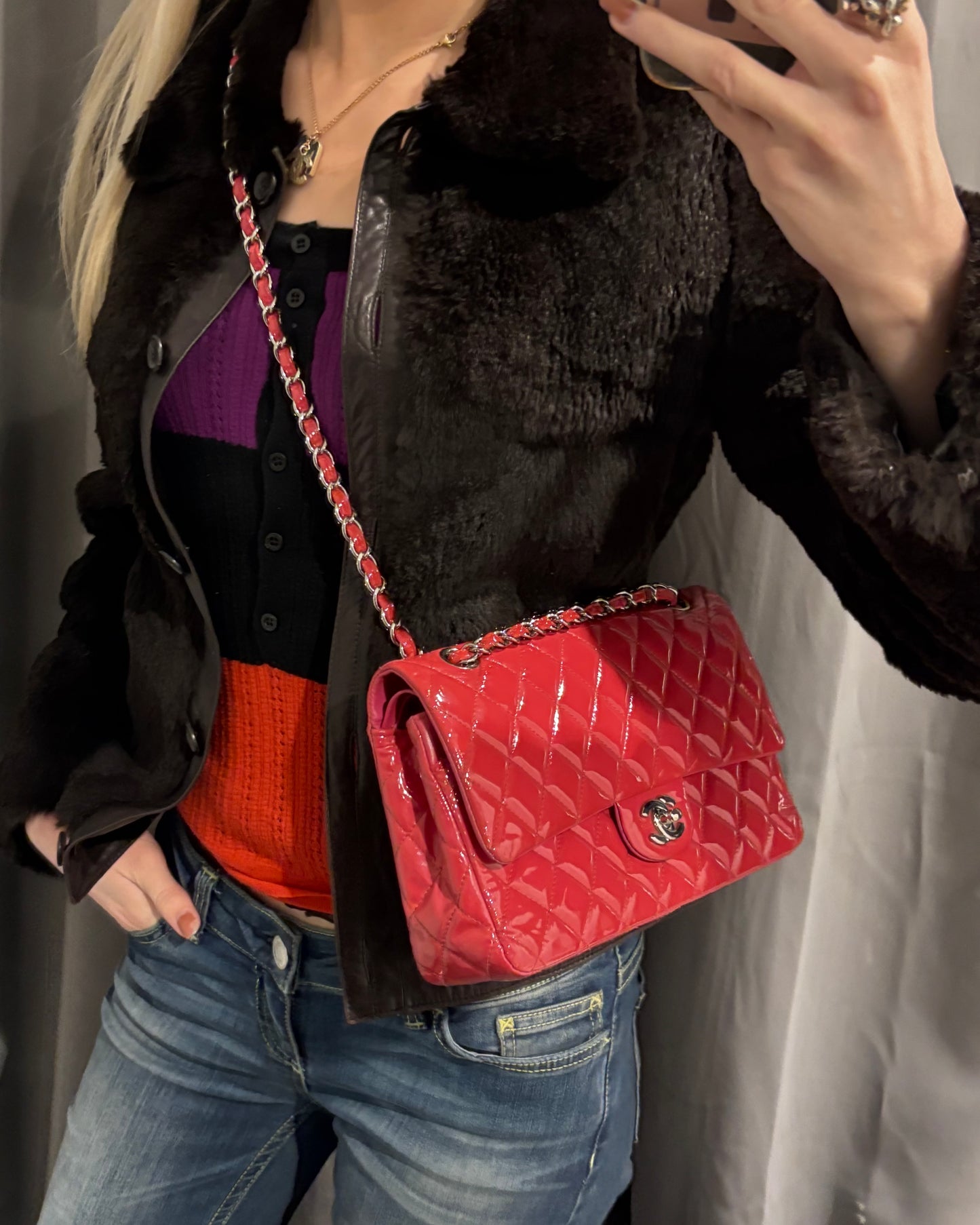 Chanel Flap Bag - Raspberry Patent Leather & Silver Hardware