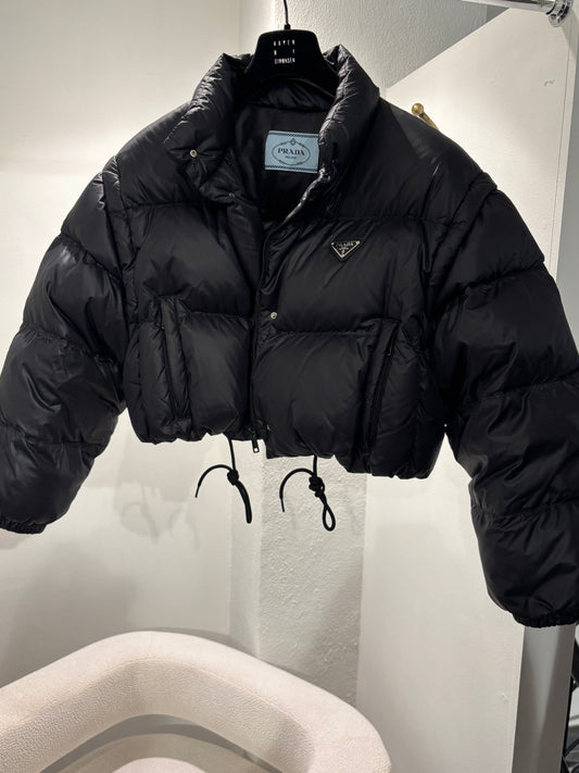 Prada Cropped Puffer Jacket - Black with Silver Logo