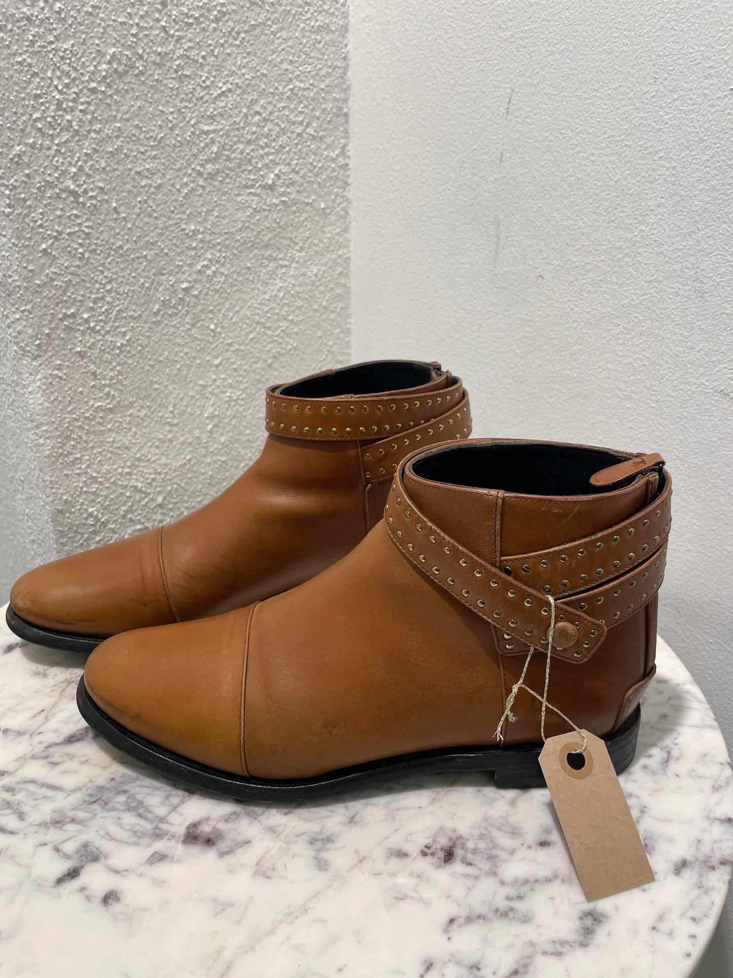 Vintage Balenciaga Cognac Tan Leather Studded Ankle Boots - 37,5