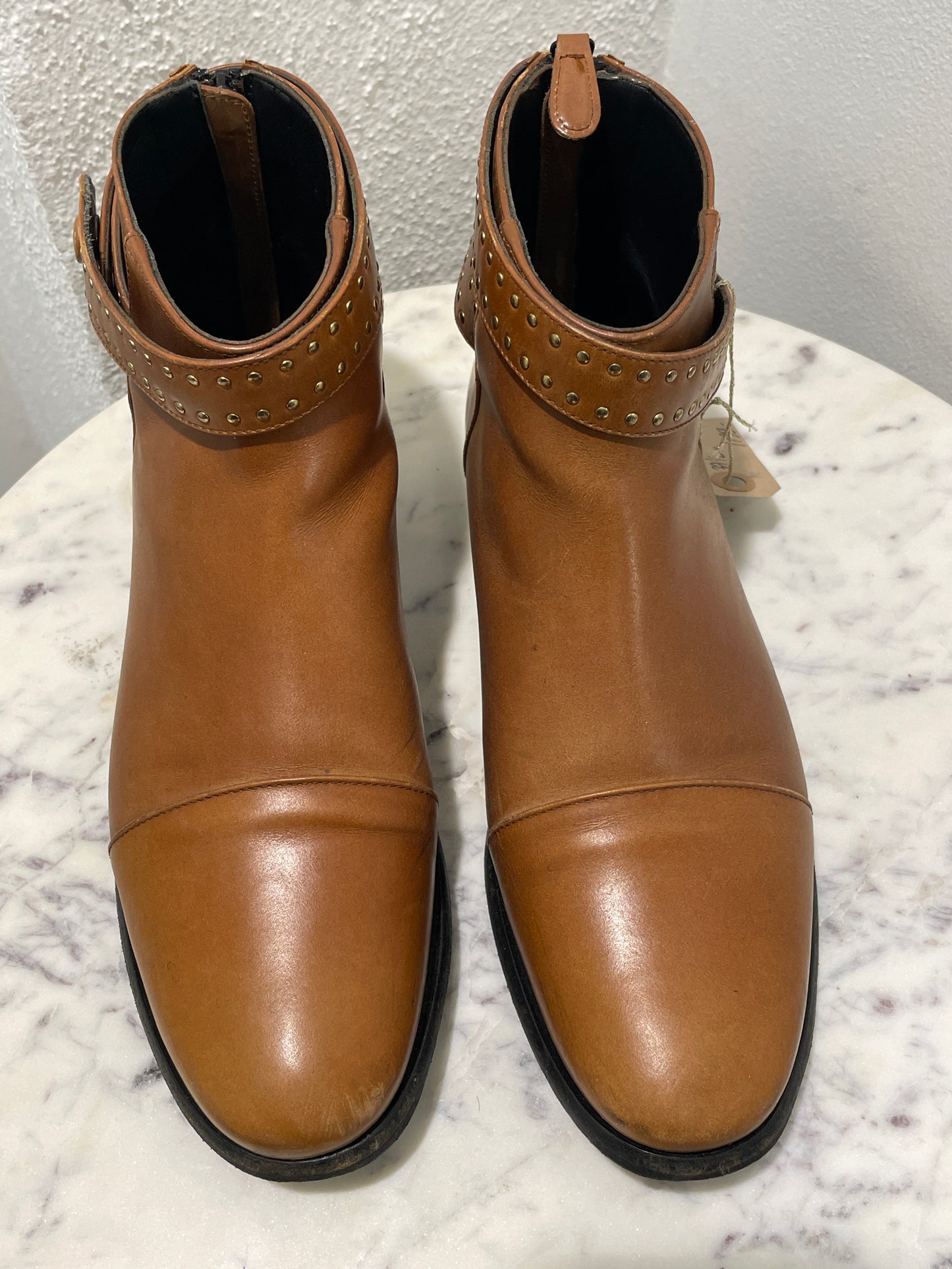 Vintage Balenciaga Cognac Tan Leather Studded Ankle Boots - 37,5