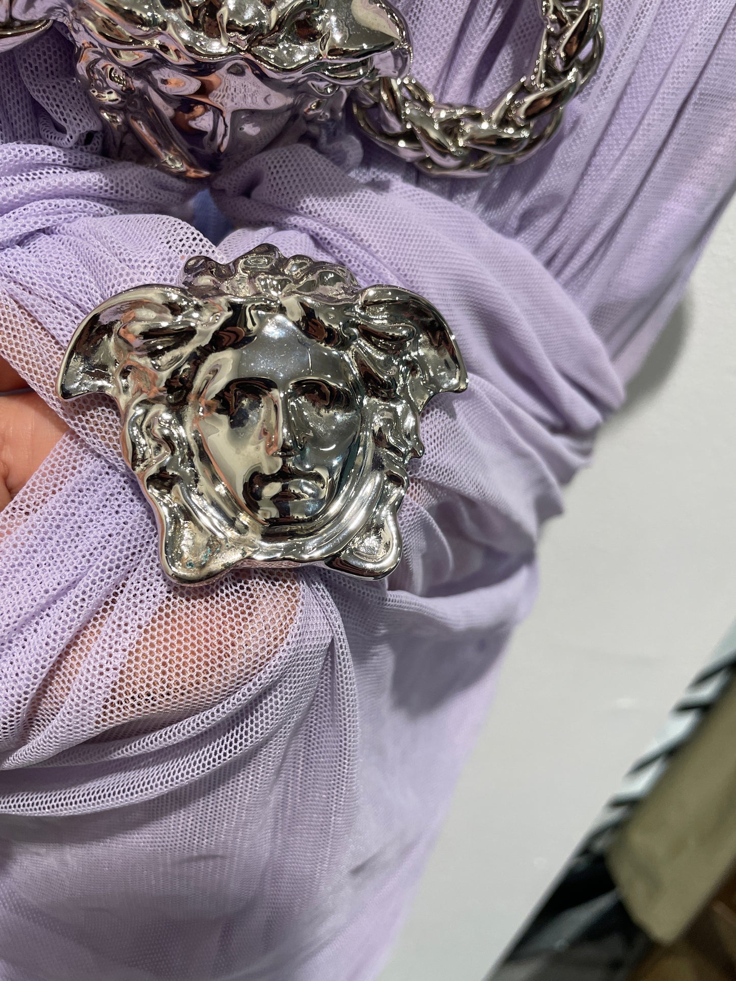 Versace - Ruched Chiffon Medusa Dress - lavender - S - Medinas Wardrobe
