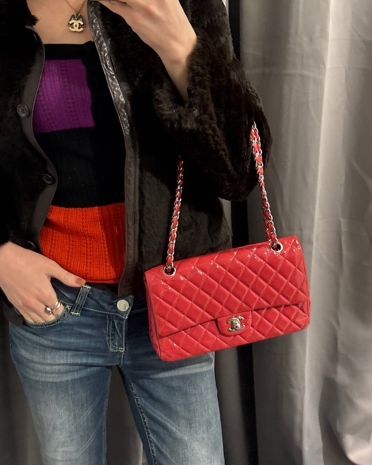 Chanel Flap Bag - Raspberry Patent Leather & Silver Hardware