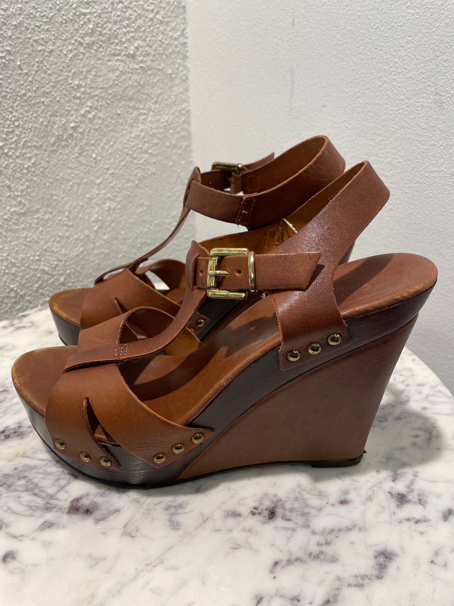 Carvela Kurt Geiger 'Katey' Tan Brown Leather Platform Wedge Sandals - 39