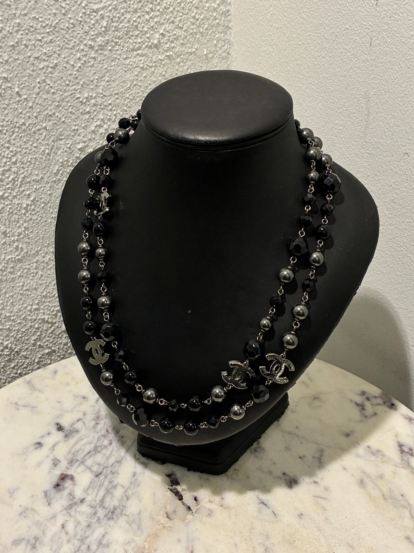 Chanel Beaded Necklace – Black Pearls & Oxidised Silver Logos