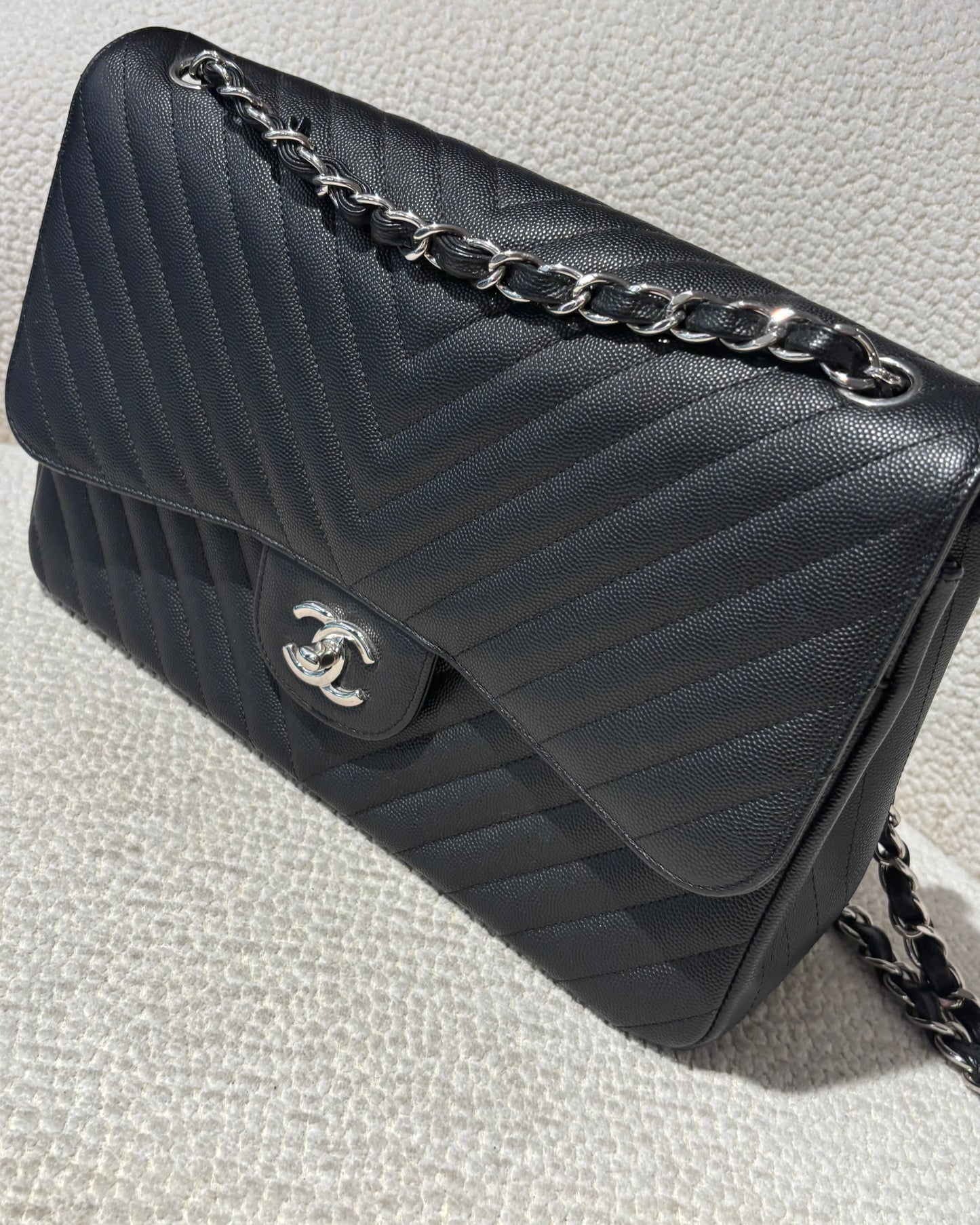 Chanel Classic Flap Bag Chevron - Jumbo - Black Caviar & Silver Hardware