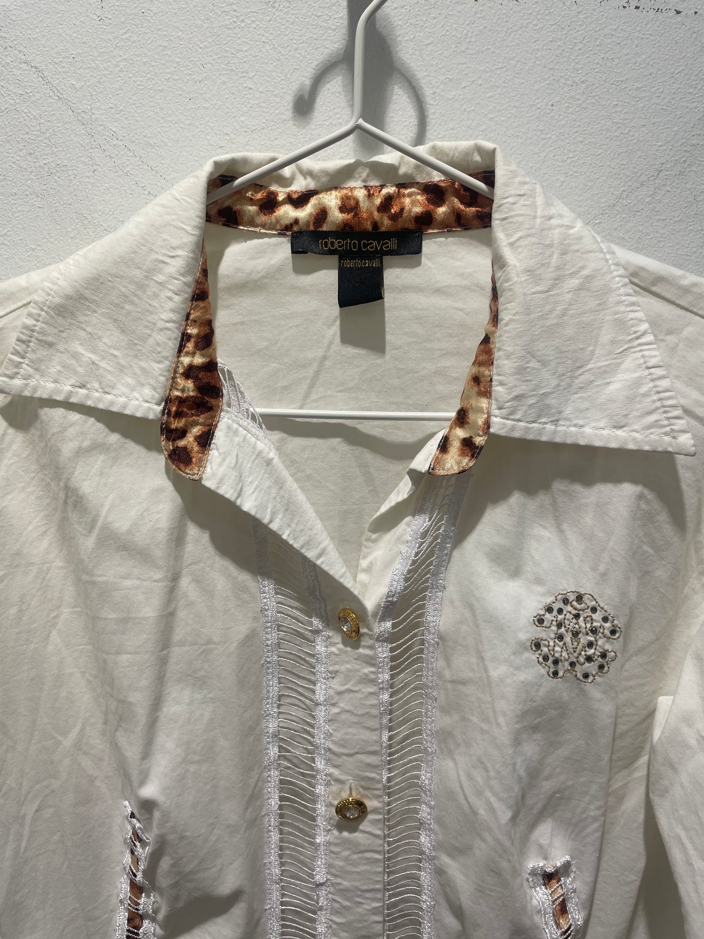 Roberto Cavalli shirt – Exclusive white vintage lace-up shirt with rhinestone logo - M
