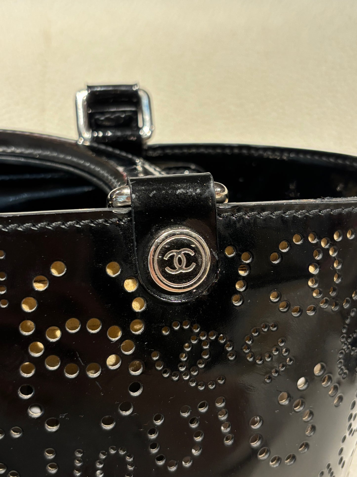 Chanel Handbag –  Black Perforated Patent Leather