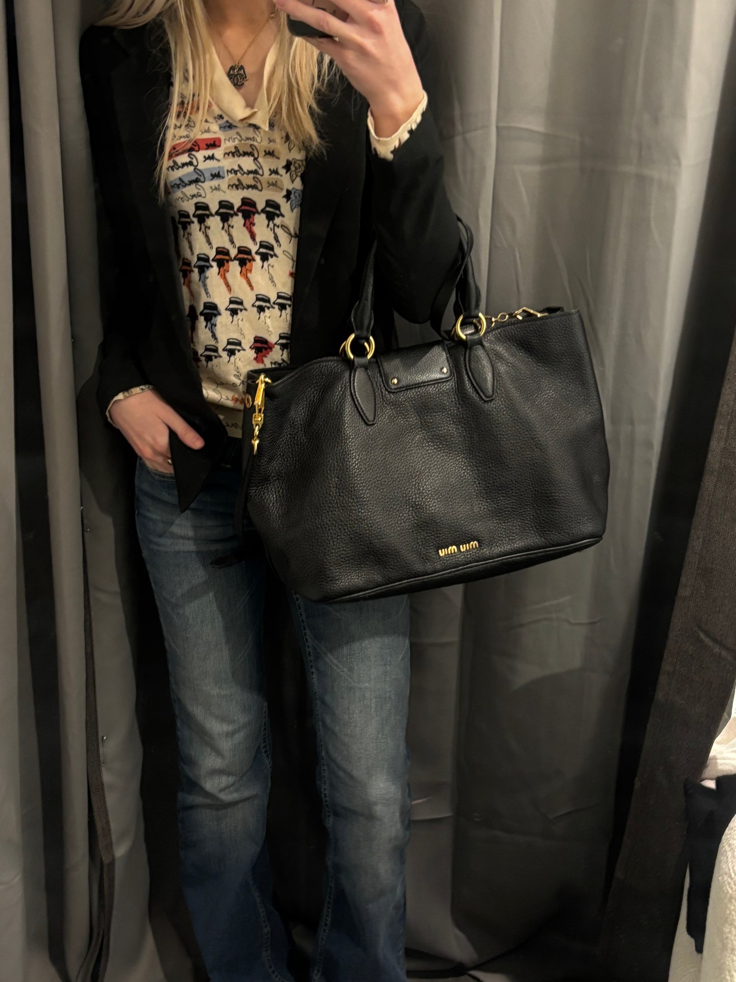 Miu Miu - Vitello Caribu Tote - Black Leather & Gold Hardware