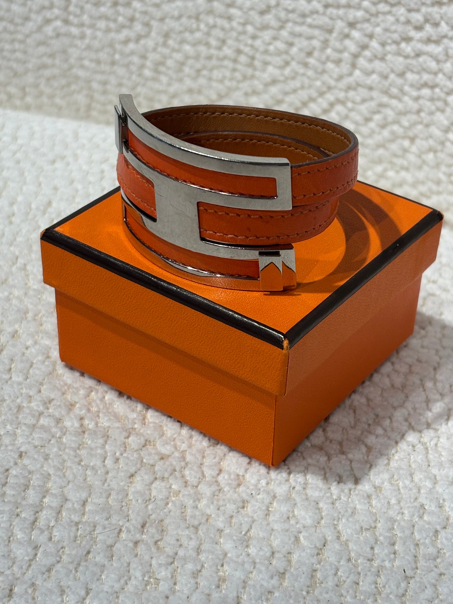 Hermés Bracelet - Orange Leather & H Lock in Silver