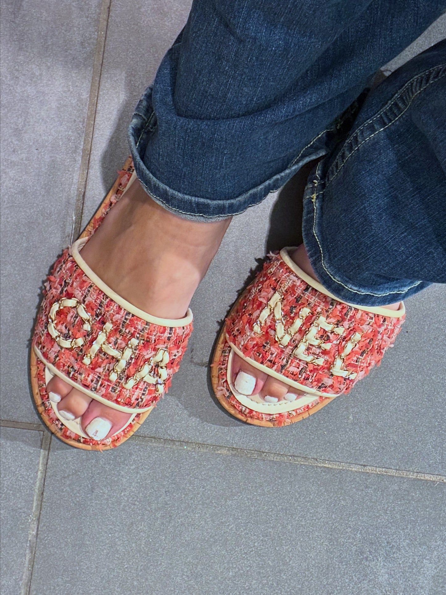 Chanel Tweed Mules – Pink with Chain Logo text – EU 40