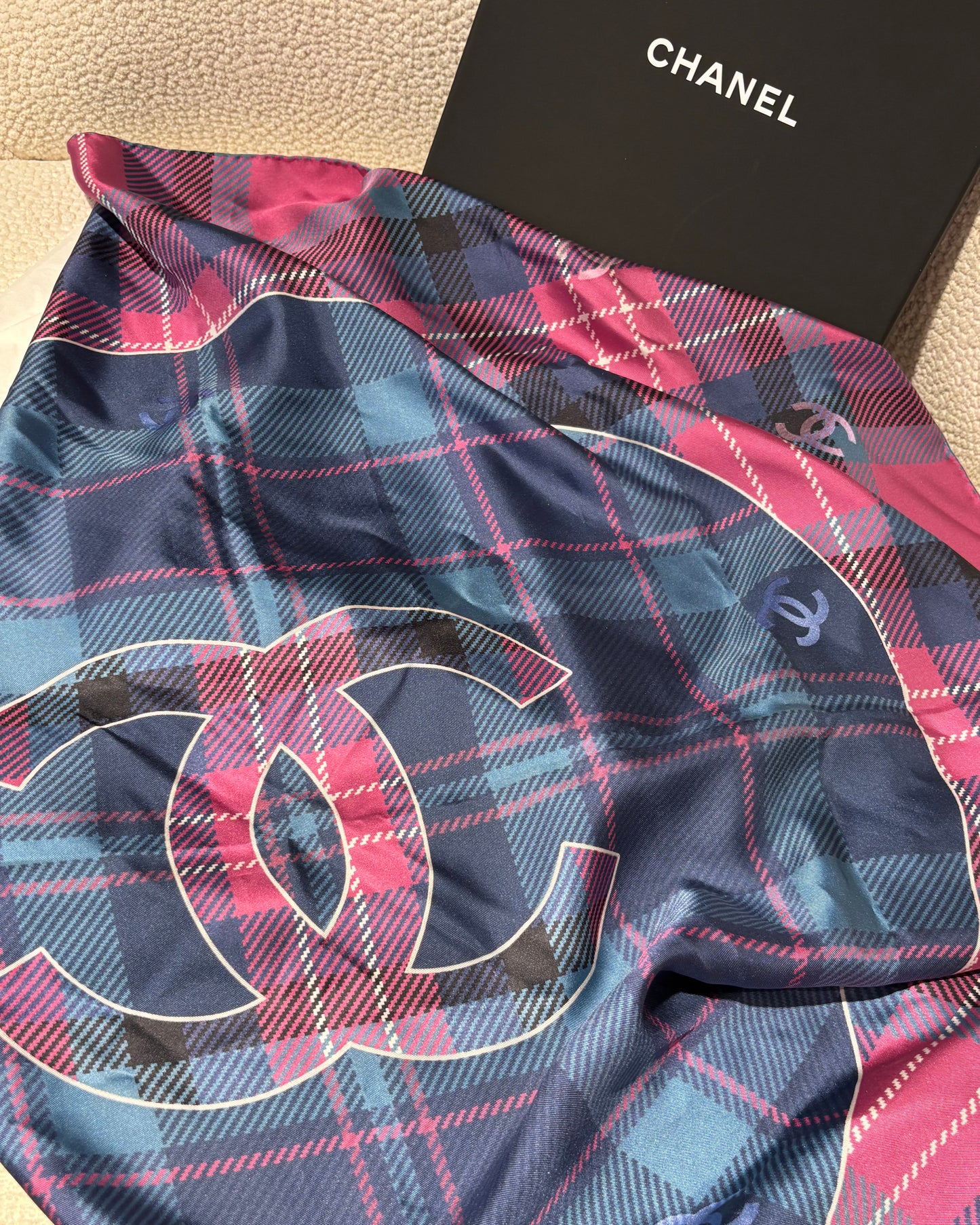 Chanel Scarf - Silk - Blue, Purple & Pink Plaid with Logos