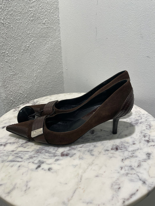 Christian Dior Vintage Dark Brown Suede & Leather Pointed-Toe Pumps - 37