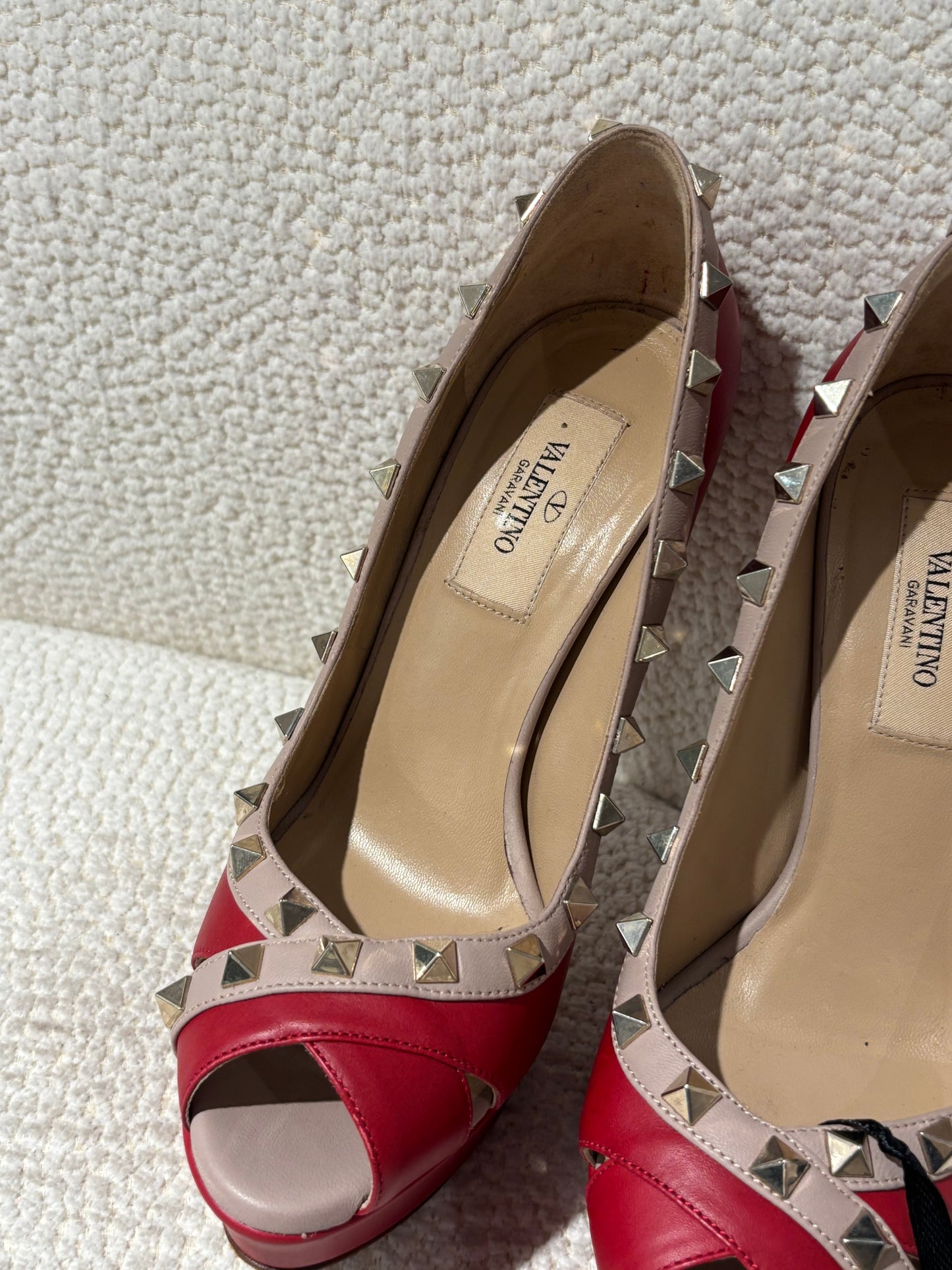 Valentino Platform Heels – Red Leather with Pink Trim & Studs - EU 36