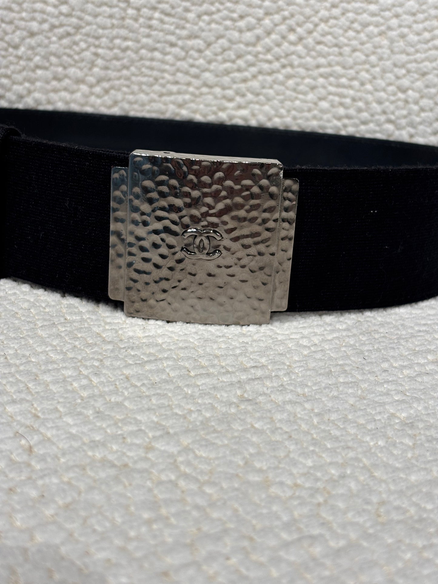 Chanel Belt – Black Canvas with Hammered Silver CC Buckle
