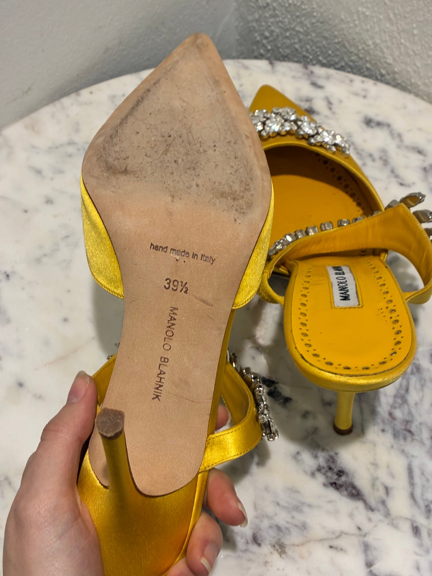 Manolo Blahnik - Heels - Yellow Satin & Crystals - Size 39.5 - Medinas Wardrobe