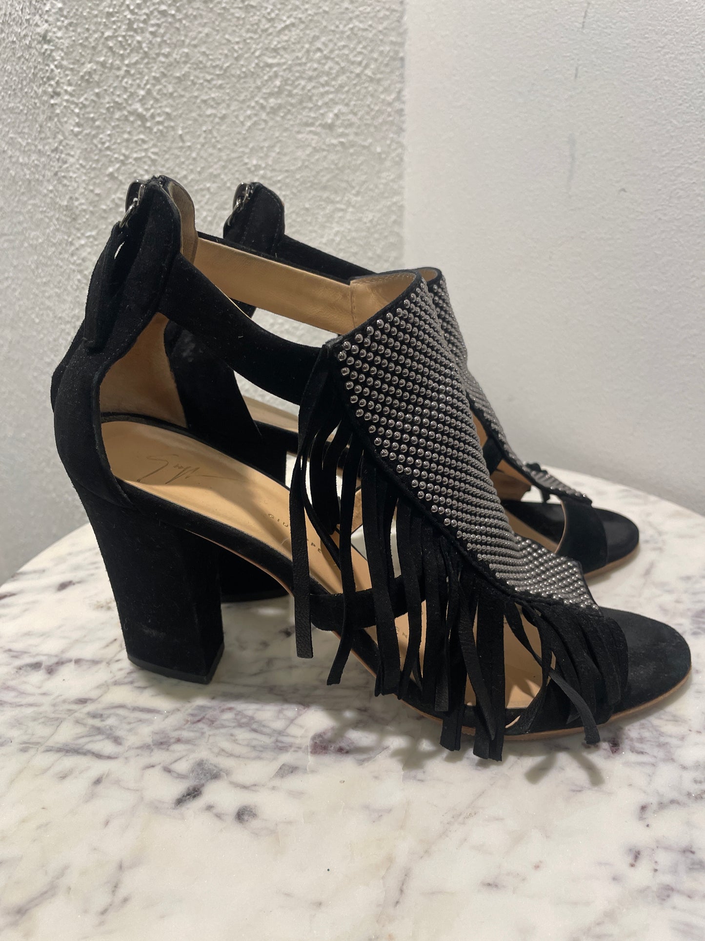 Giuseppe Zanotti Black Suede Studded Fringe Heeled Sandals - 40