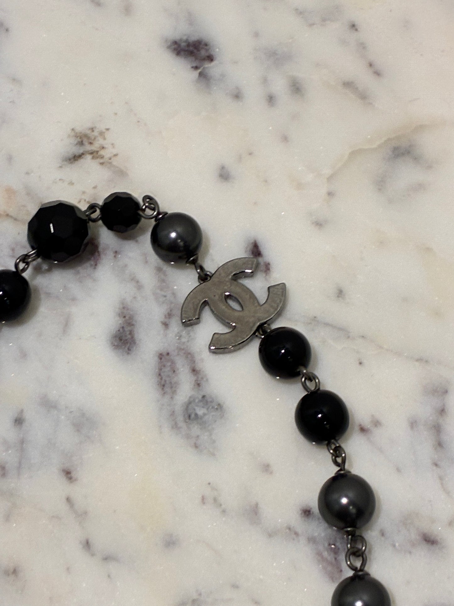 Chanel Beaded Necklace – Black Pearls & Oxidised Silver Logos