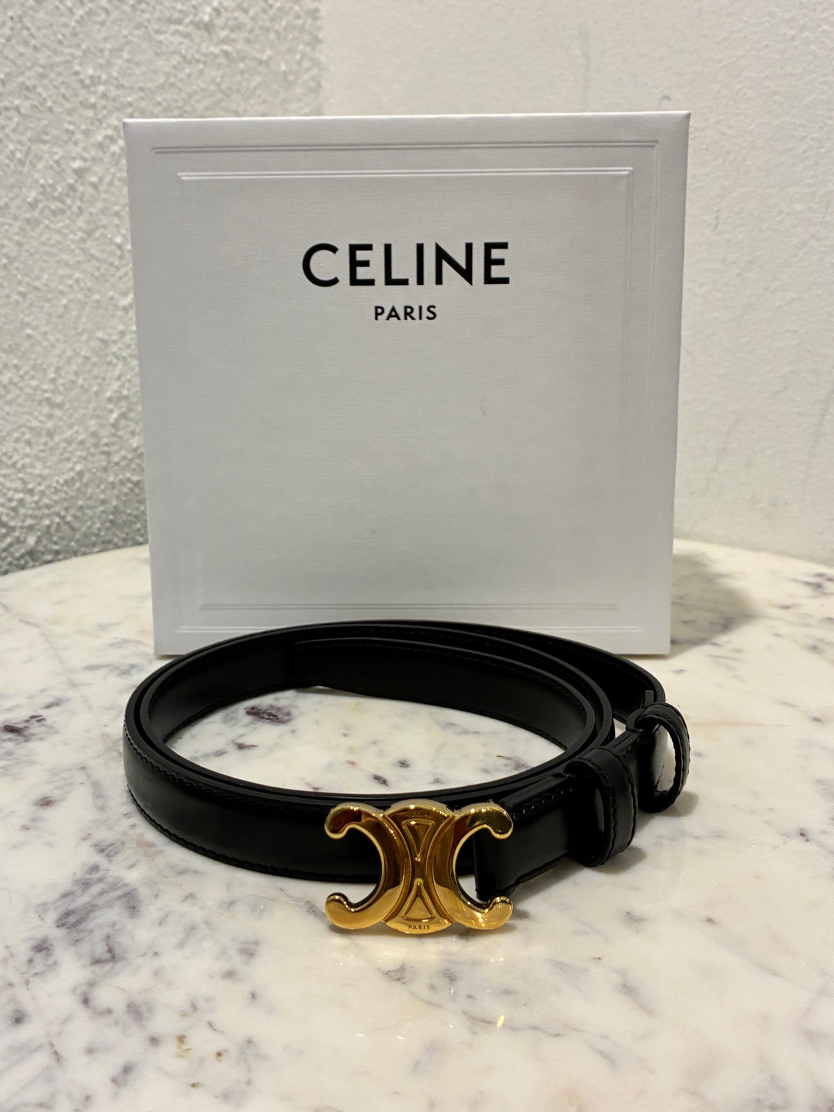 Celine Belt – Triomphe Belt - Black Leather & Gold Hardware - Size 80