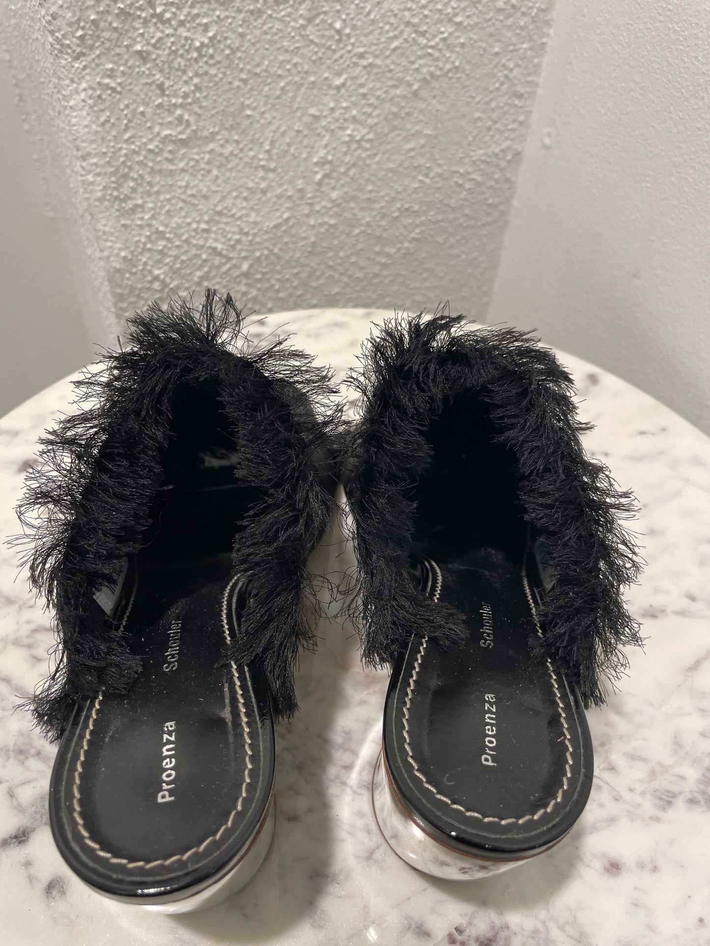 Proenza Schouler - Fringed Satin Open-Toe Mules with Metallic Block Heel - 39