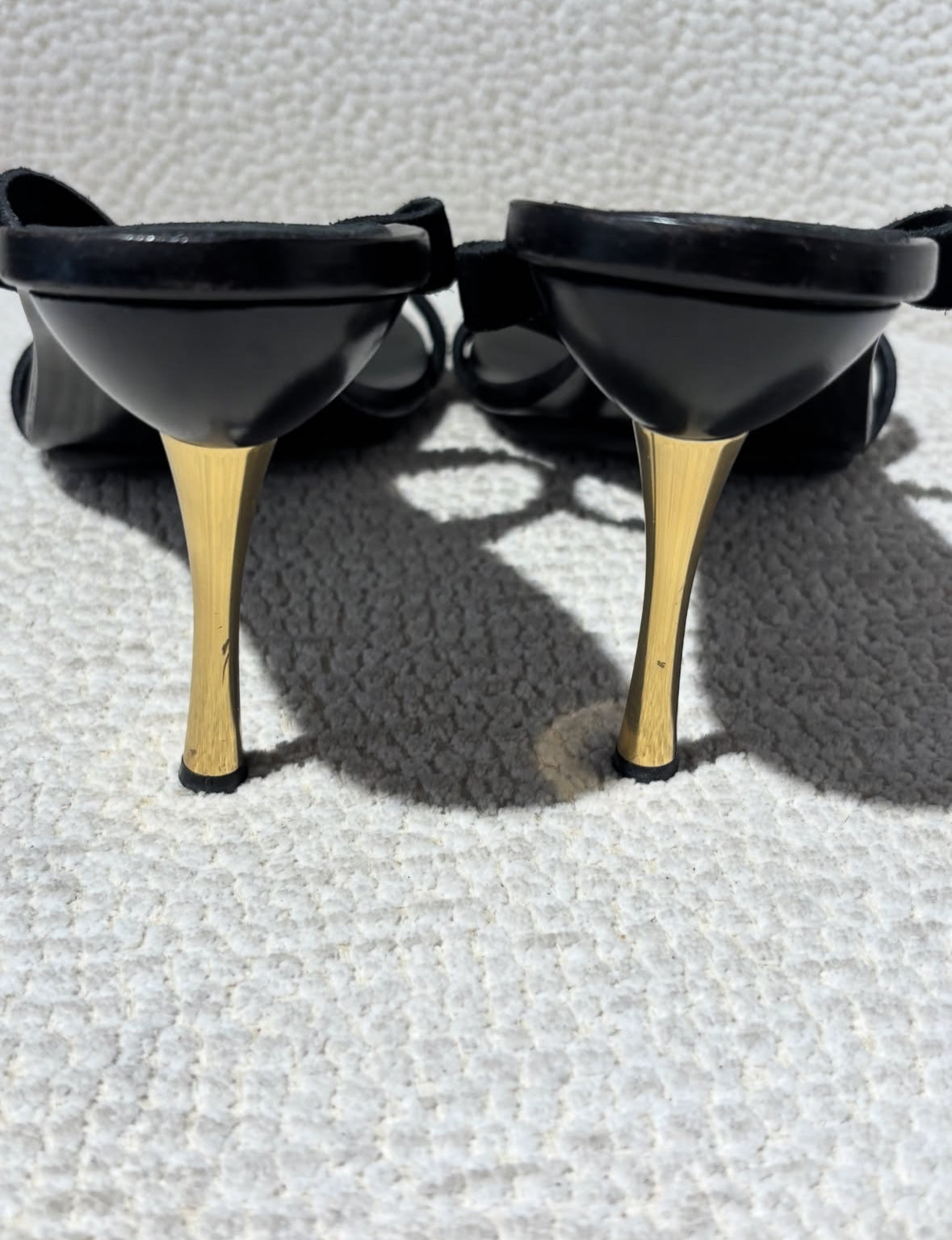 Gucci Heeled Sandals – Black Suede with Gold Metal Heel & Ring – EU 39.5