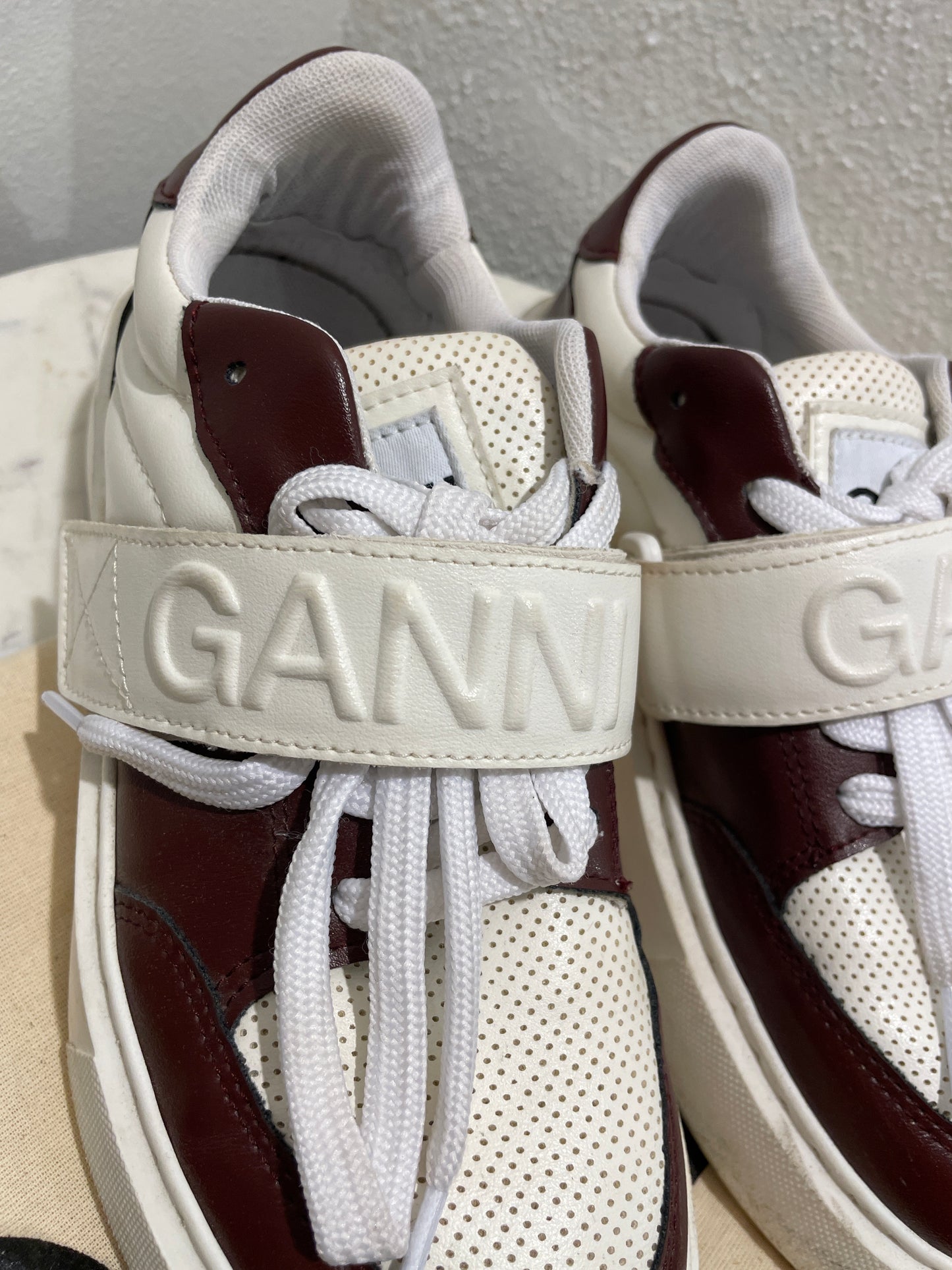 GANNI Sporty Mix Cupsole Low Top Velcro Sneakers – Burgundy / Egret – 36
