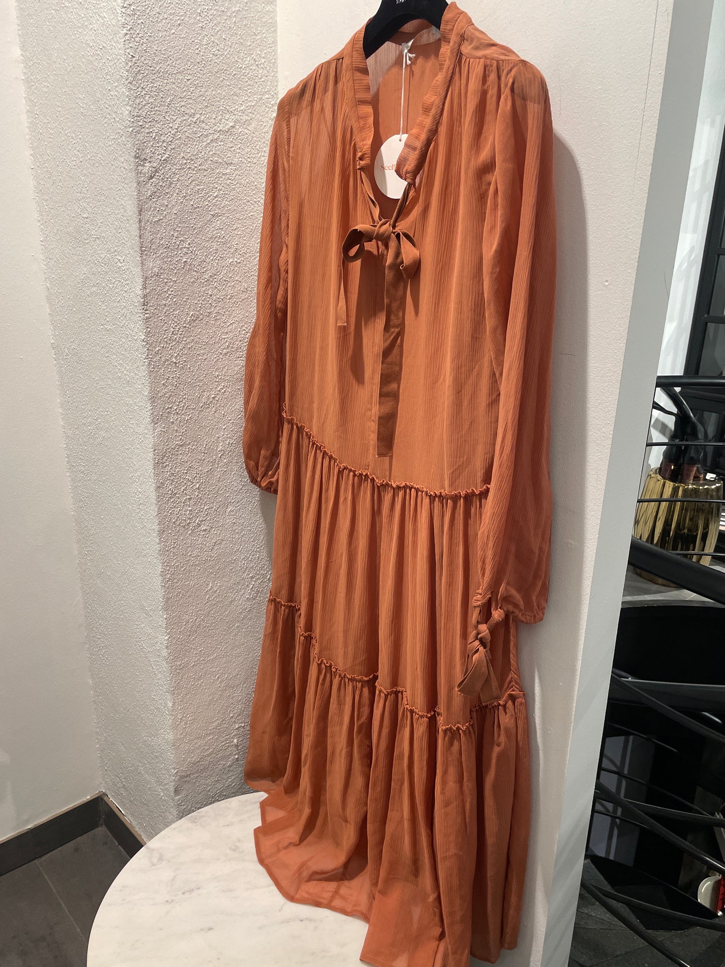 See by Chloé Tiered Chiffon Tie-Neck Midi Dress - M/L